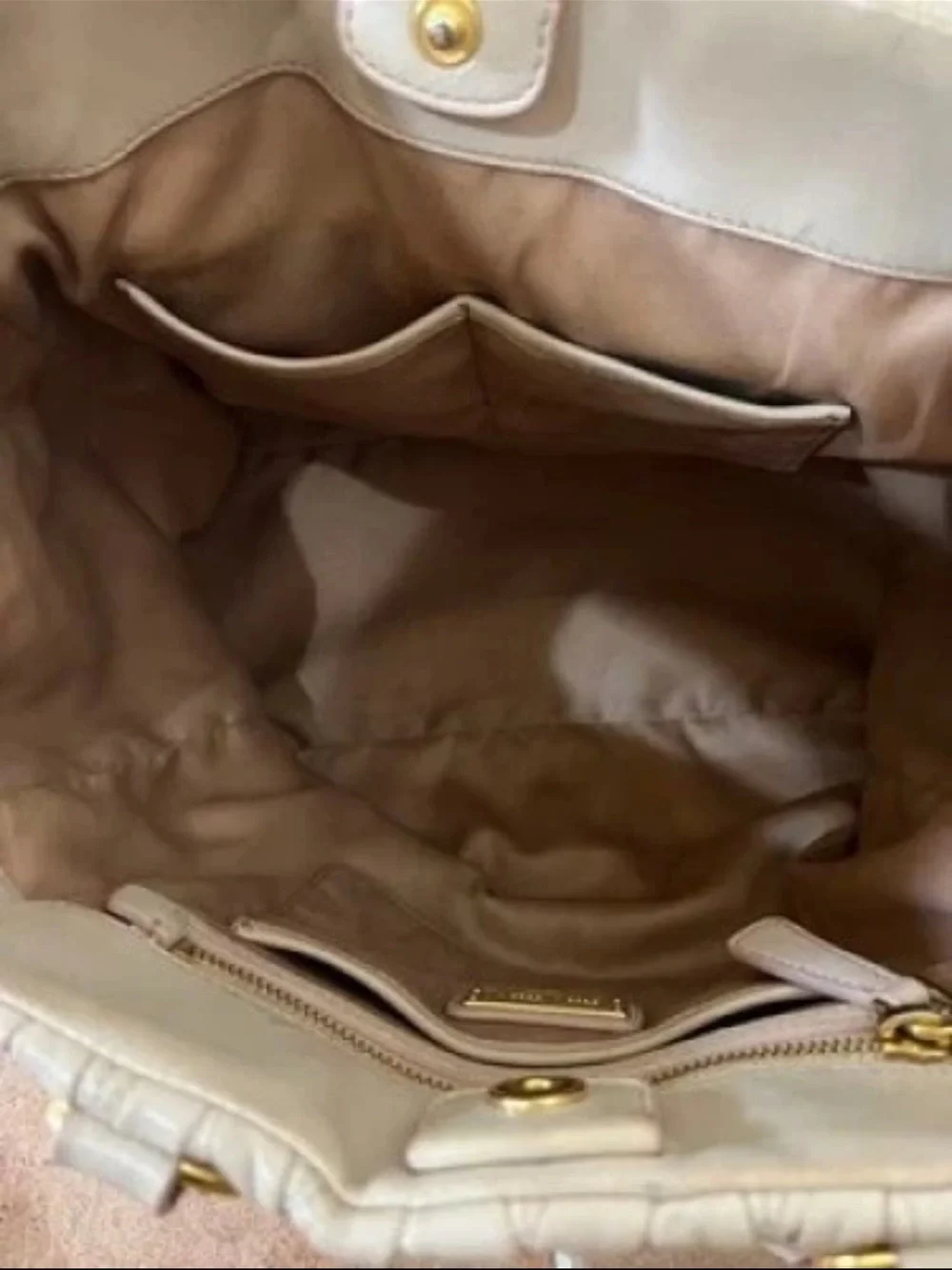 Miu Miu Cream Quilted Ruched Leather Tote with Gold Hardware